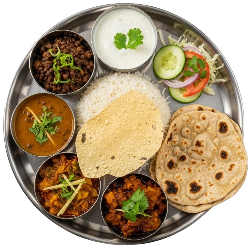 Traditional Indian thali with various dishes